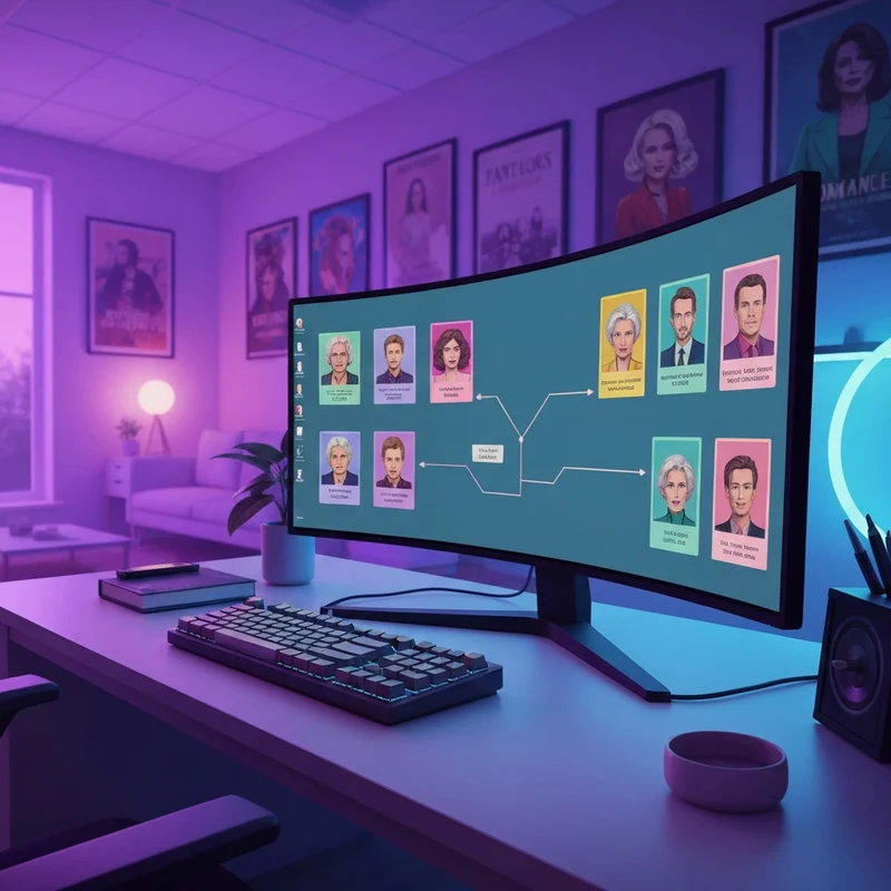 A creative workspace with neon lighting and digital screens showing various roleplay character profiles and a glowing rp idea generator interface.