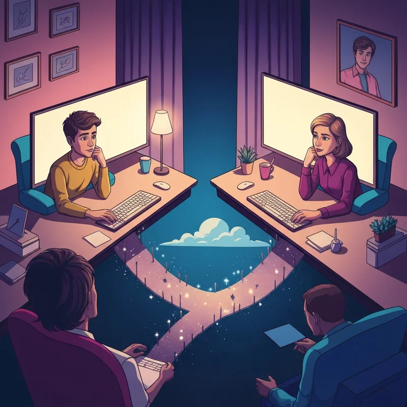 Two creative writers collaborating on a digital story using a roleplay starter generator to find inspiration.