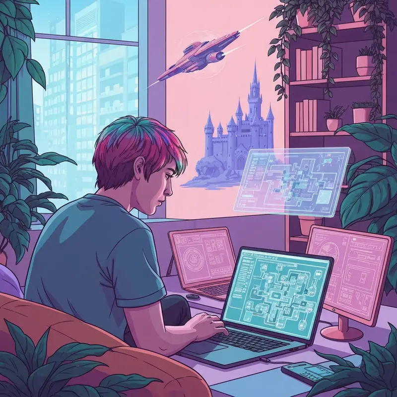 A digital-native storyteller using a roleplay ideas generator to create immersive fantasy and romance scenarios on a neon-lit workspace.