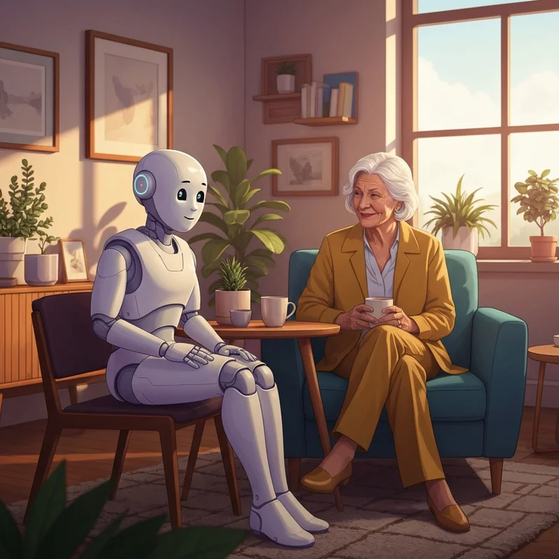 A kind-looking humanoid ai robot for elderly companionship sitting in a sunlit living room with a smiling senior woman holding a cup of tea.