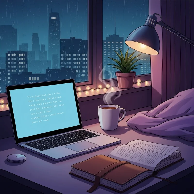 A cozy, aesthetic writing desk with a glowing screen, coffee, and journals, perfect for using an rp starter generator.