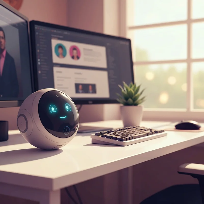A futuristic millennial workspace featuring a small interactive AI desk companion with expressive eyes and soft ambient lighting.