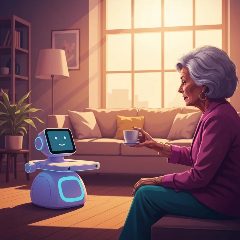 A modern, sleek white companion robot for elderly care sitting on a wooden table next to an elderly woman smiling while holding a cup of tea.