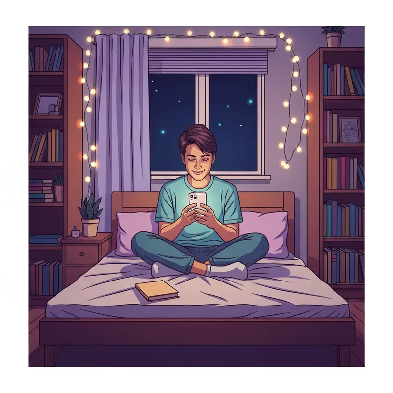 A young person sitting in a cozy room, illuminated by the glow of a tablet, connecting with others on roleplay apps with real people.