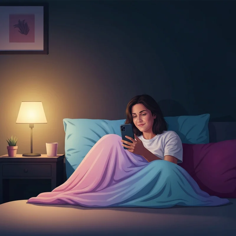 A person sitting comfortably in a dimly lit room with a soft glowing phone, illustrating depression isolation and the search for connection.