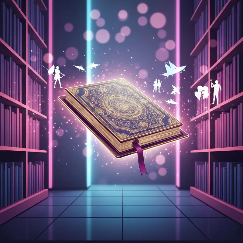 A glowing digital storybook opening to reveal a multidimensional RP story generator interface with fantasy and sci-fi icons.