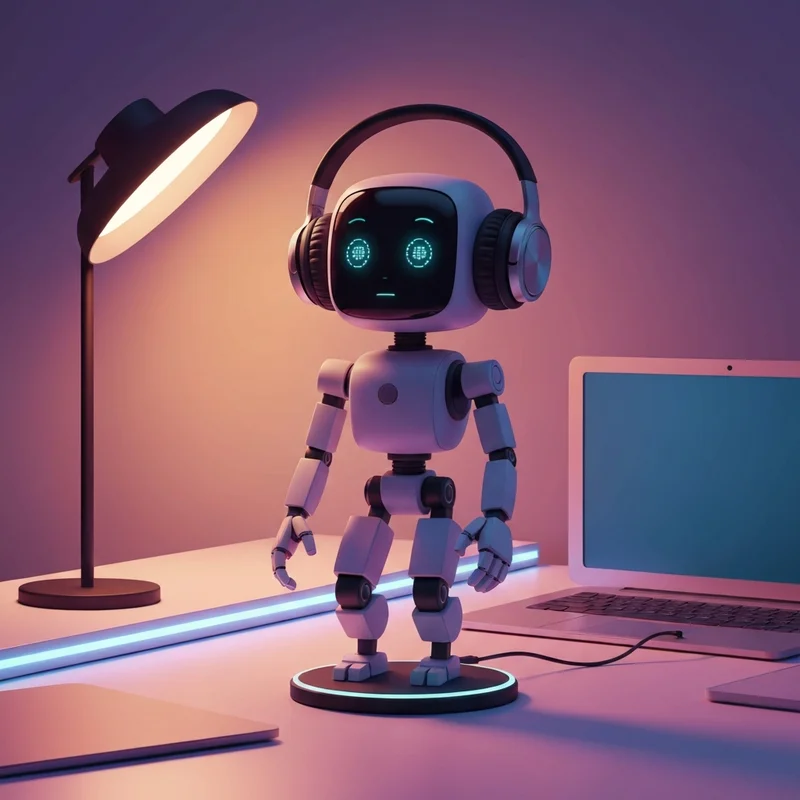 A futuristic desktop companion robot with digital eyes and headphones sitting on a modern desk setup, representing EMO AI.