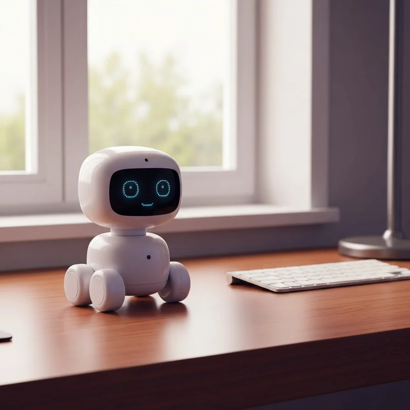 A sleek white and black little desk robot with glowing blue eyes sitting on a modern office desk with a laptop.