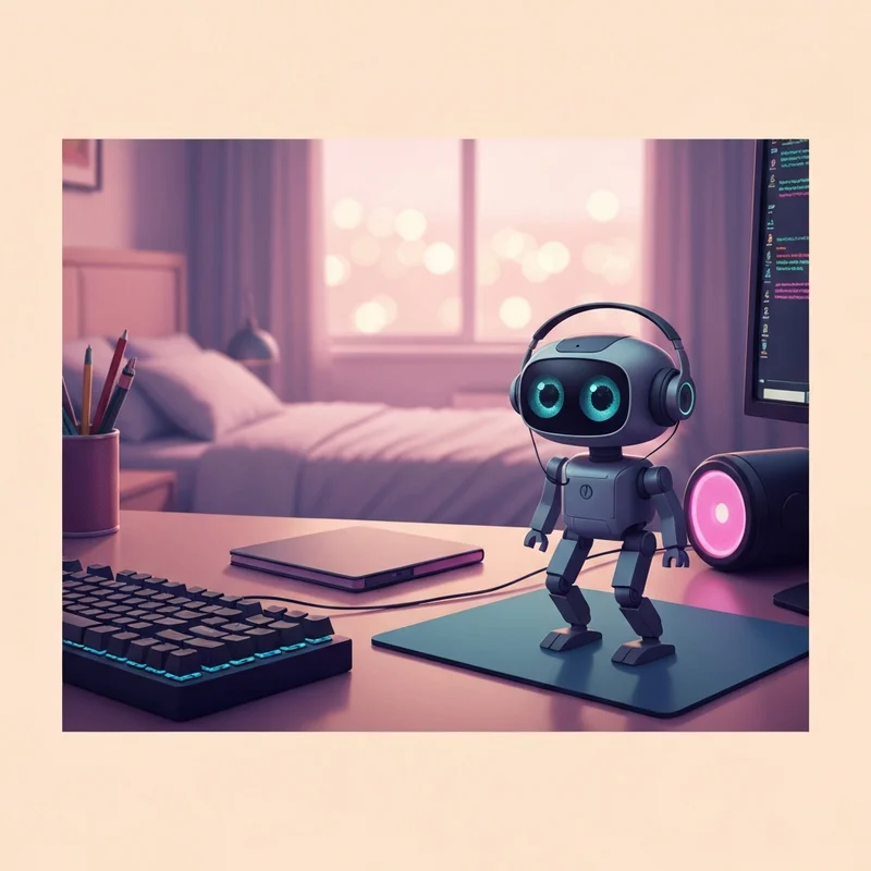 A futuristic emo ai robot standing on a high-tech desk setup with glowing cyan lights, looking toward the viewer with expressive digital eyes.