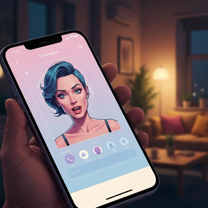 A realistic and high-quality digital illustration showing a customized sex girlfriend app interface on a smartphone held in a dimly lit room.