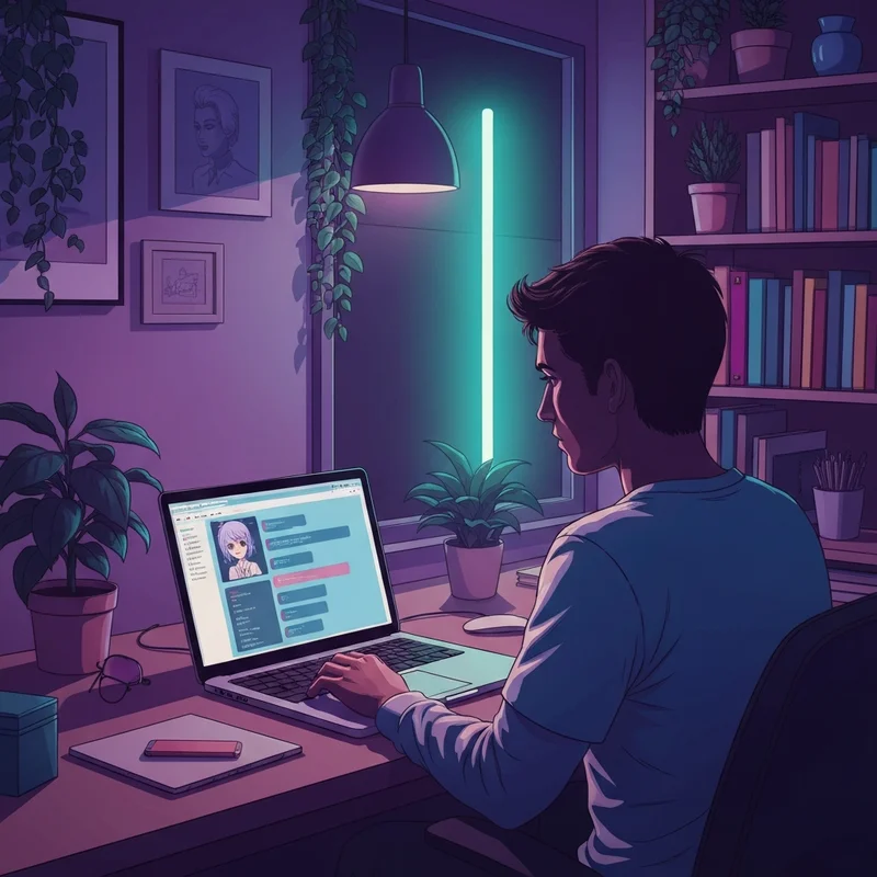 A glowing digital silhouette of a person interacting with a holographic AI character in a dark, private room, representing character ai no login or sign up.