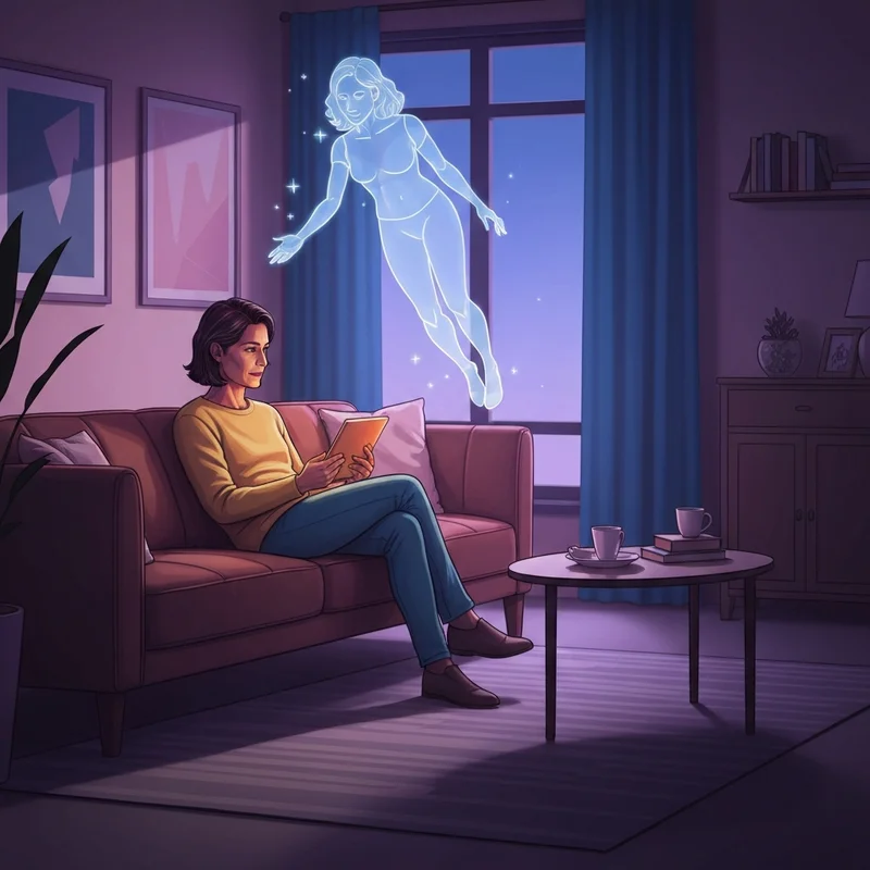 A serene digital sanctuary where a person interacts with a glowing, ethereal AI partner, representing the safe exploration of an ai sex simulator.