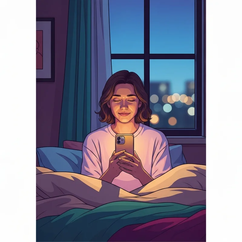 A young person finding comfort and connection with their ai lovers through a glowing smartphone screen in a cozy room.