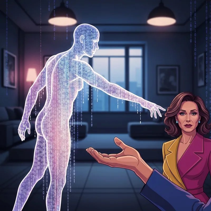 A cinematic and artistic depiction of a digital silhouette merging with soft glowing code, representing the intimate connection with an ai sex partner in a futuristic setting.