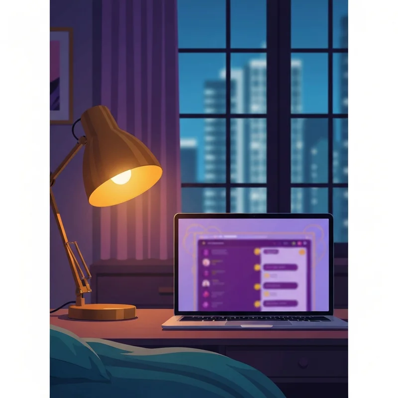 A serene, dimly lit room with a glowing screen showing a supportive, futuristic interface for horny ai chat.