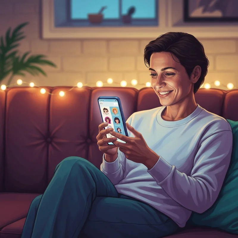 A young woman sitting in a cozy, dimly lit room, smiling as she types on a glowing roleplay chat app on her smartphone.