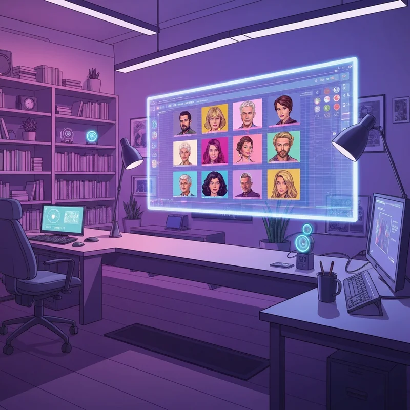 A glowing digital interface showing a variety of rp bot profiles and character avatars in a cozy neon-lit room.