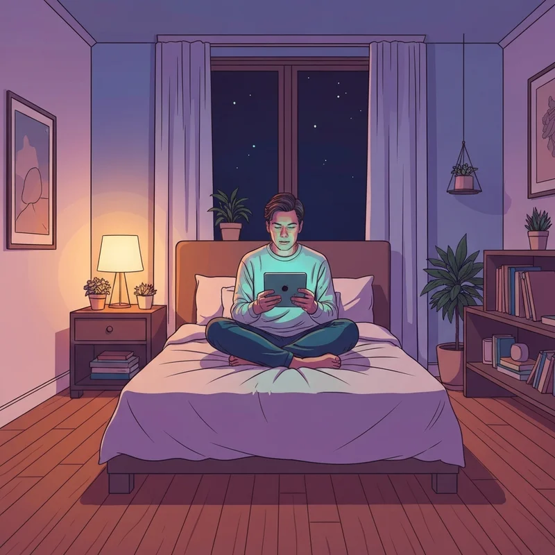 A soft-lit cinematic scene showing a person comfortably relaxing at home with the gentle glow of a digital device reflecting on their face, symbolizing safe and private exploration of a free sexbot.