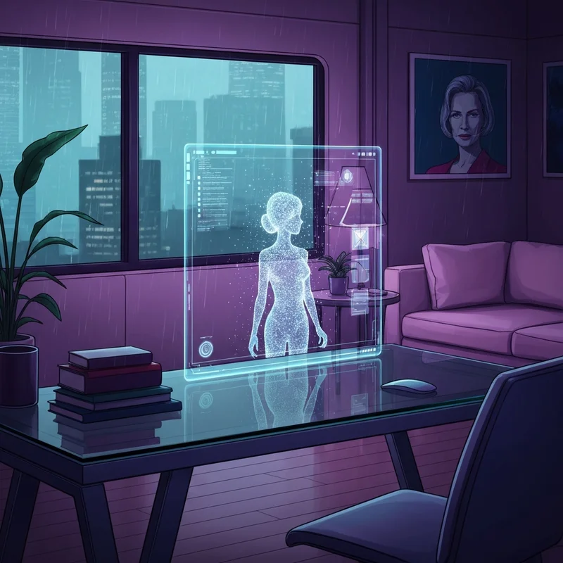 A cinematic, neon-lit room with a futuristic computer interface showing a digital avatar for ai girlfriend sex chat, emphasizing privacy and high-tech intimacy.