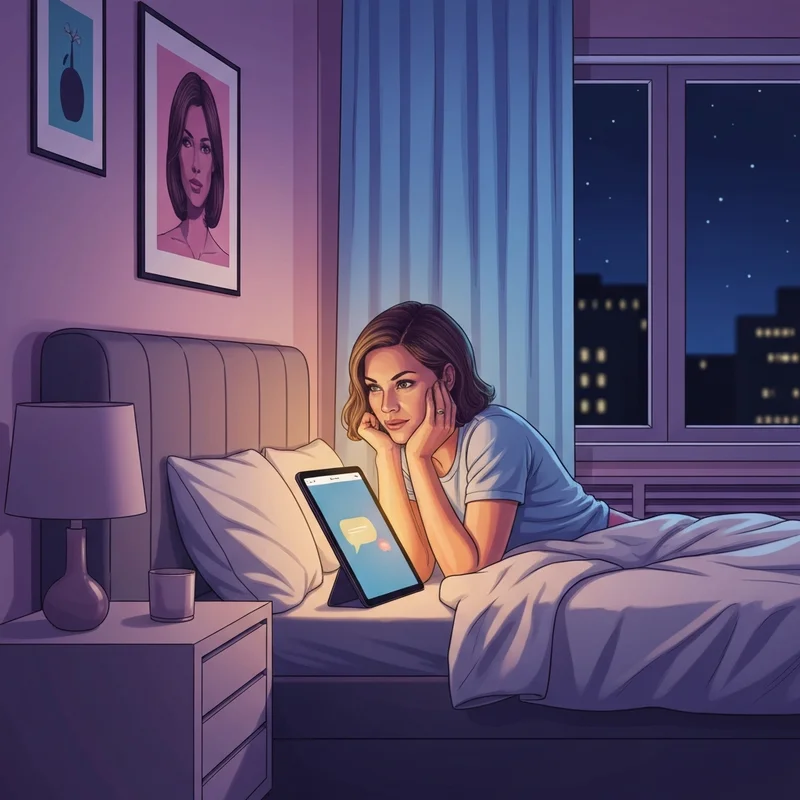 A woman in a cozy, dimly lit room looking thoughtfully at a glowing digital tablet representing an ai sexchat bot companion.