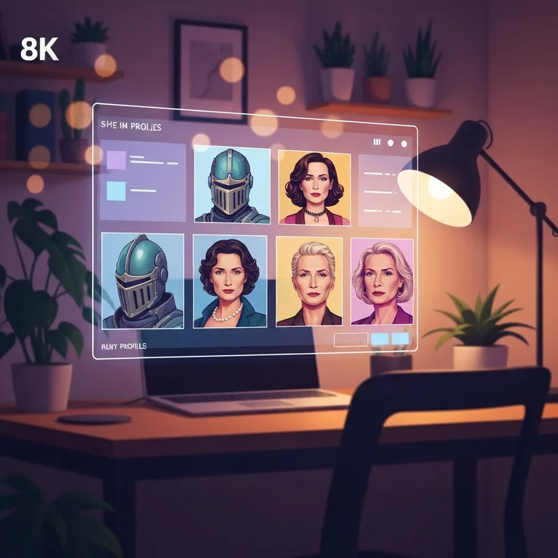 A glowing digital portal showing a diverse group of fantasy and sci-fi characters created by an ai roleplay generator, cinematic lighting.