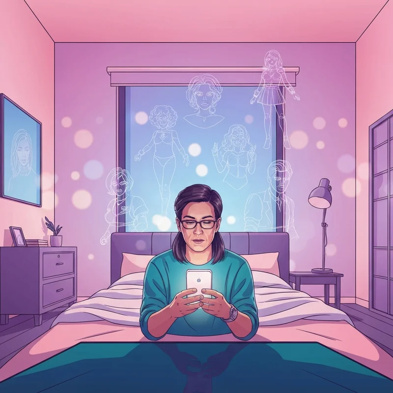 A digital illustration of a young creative person sitting in a cozy room, using their smartphone to access immersive rp chat apps, with glowing character silhouettes appearing in the air around them.