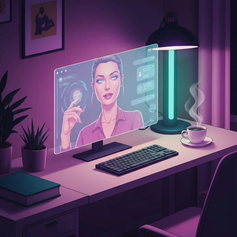 A cinematic, neon-lit digital companion interface featuring a futuristic horny ai bot roleplay scenario.