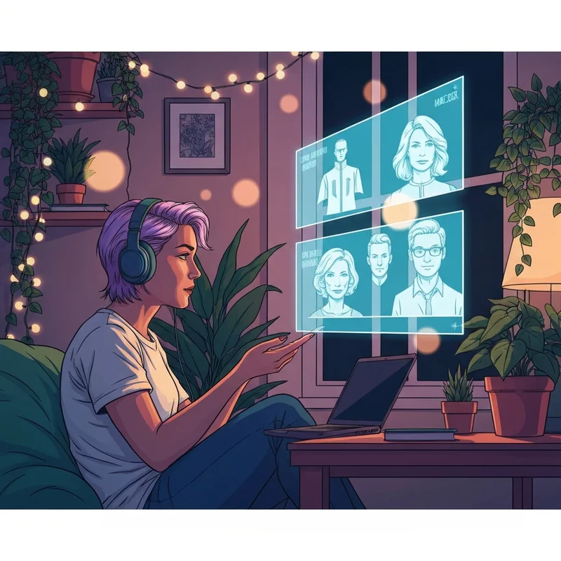 A digital creative artist using an rp scenario generator to brainstorm fantasy and romance plot prompts on a glowing neon screen.