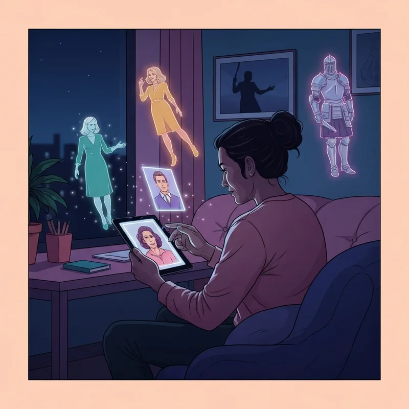 A young writer sitting at a desk with a glowing laptop, surrounded by floating holographic character sketches and story prompts, illustrating the use of a roleplay response generator.