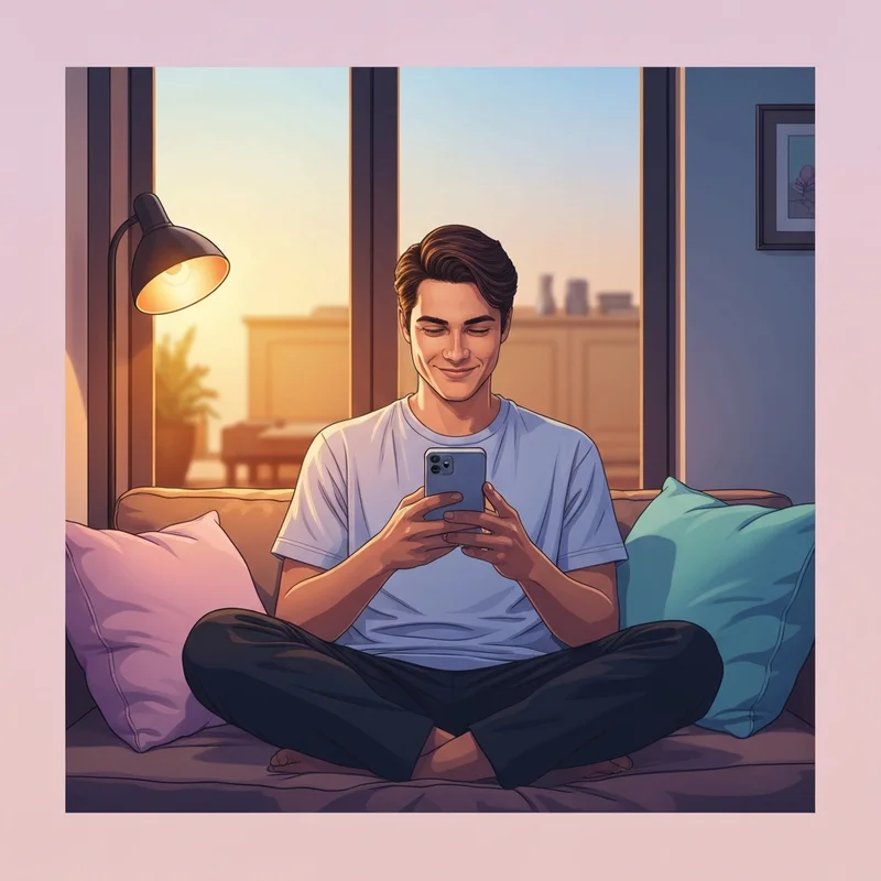 A peaceful evening scene of someone using an ai romantic app for emotional support.