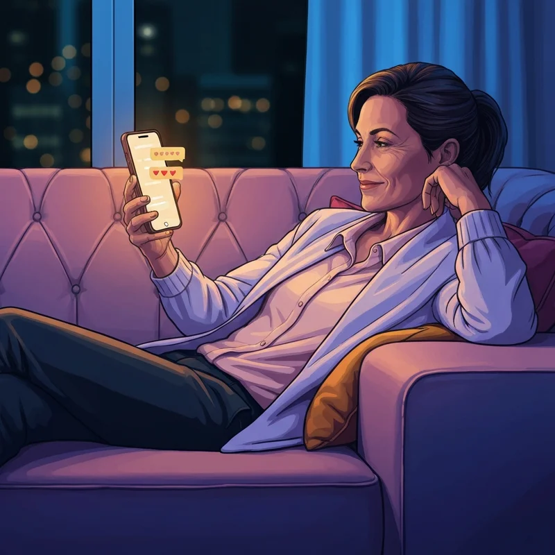 A woman in a cozy, dimly lit room holding a smartphone that displays a warm, glowing chat interface, representing a meaningful ai chatbot romantic connection.