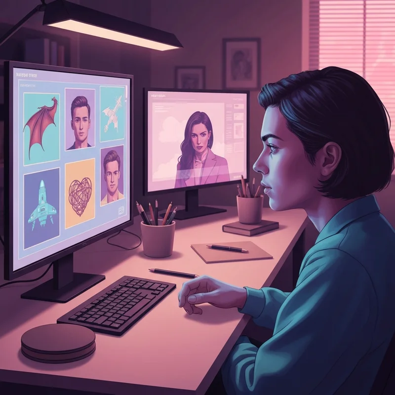 A cinematic and immersive scene showing a young storyteller using a roleplay plot generator to create a digital world with floating neon prompts.