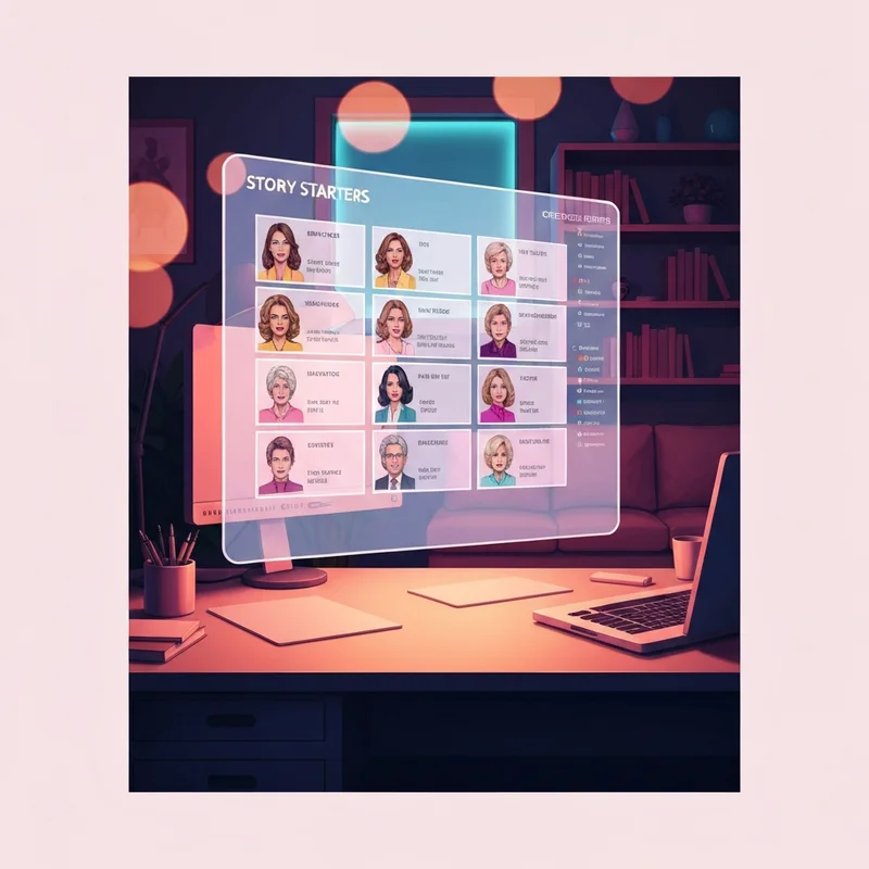 A creative workspace with a glowing digital interface displaying a roleplay prompt generator interface with fantasy and sci-fi icons.