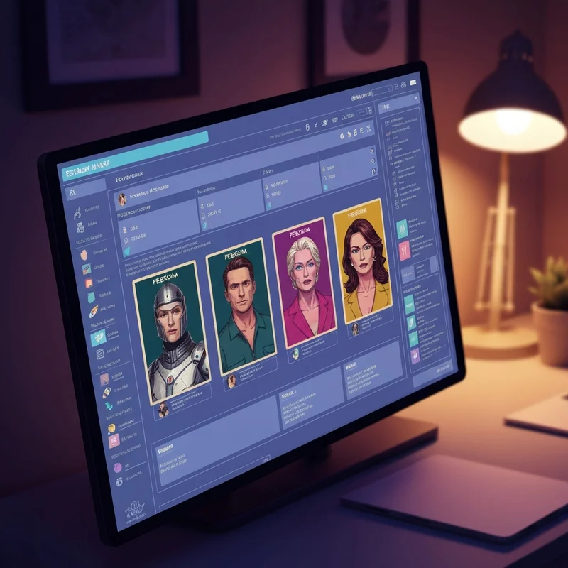 A cinematic digital interface showing a glowing character creation screen for an ai rp generator, with diverse fantasy and sci-fi archetypes floating in a neon-lit void.