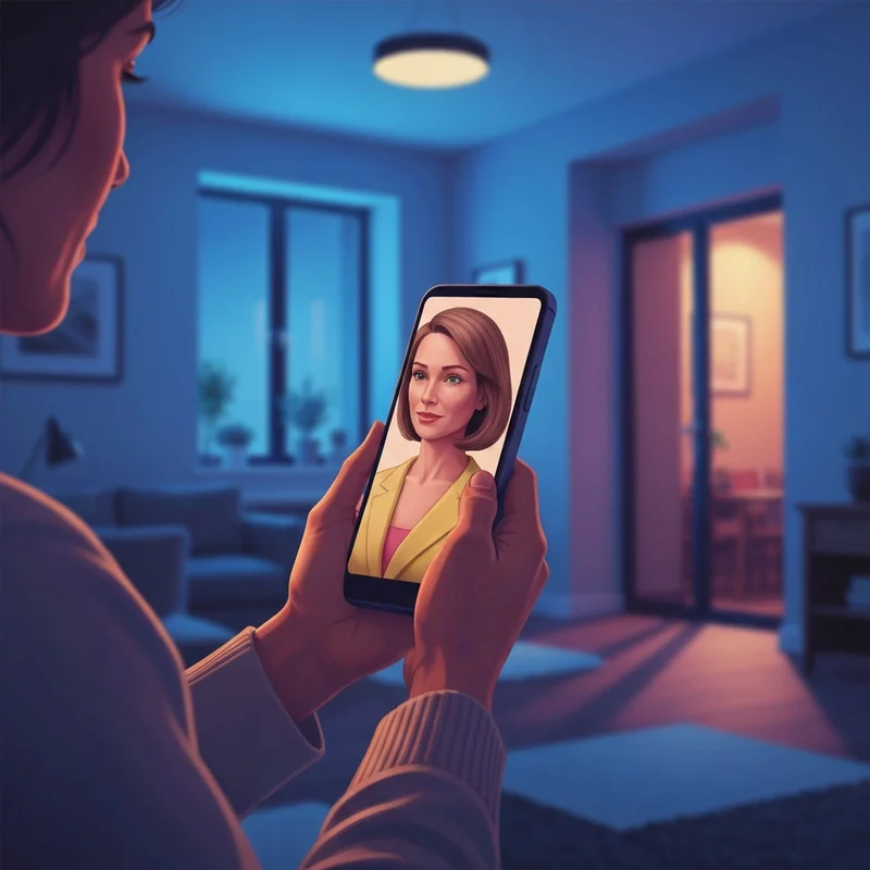 A young adult in a cozy, neon-lit room looking at a glowing smartphone screen reflecting a warm, supportive female avatar, embodying the ai girlfriend chat bot experience.