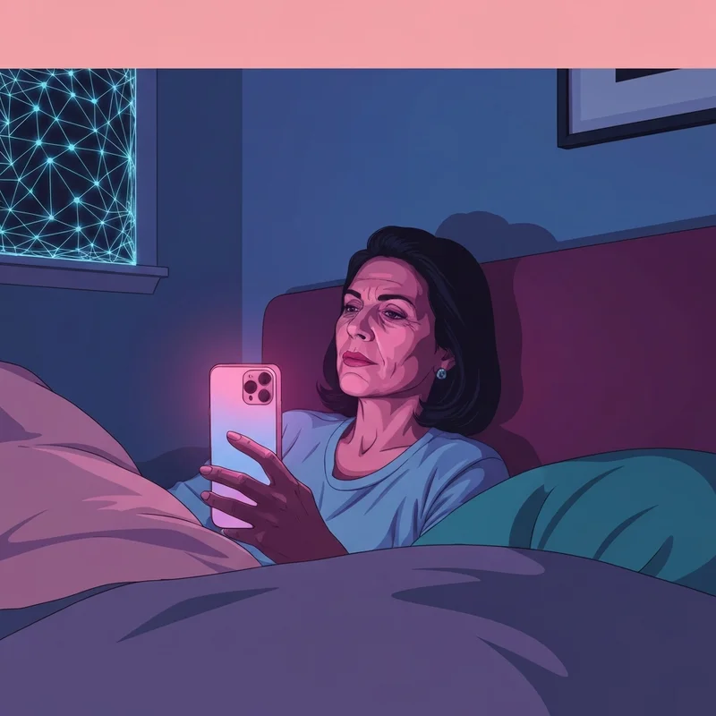 A young person looking at a glowing smartphone screen reflecting a soft, warm light in a cozy, dark room, representing romance ai chat.