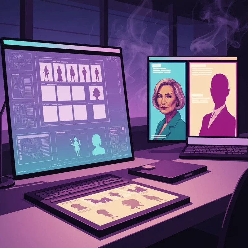 A futuristic digital workspace for a roleplay story generator with holographic prompts and character designs.