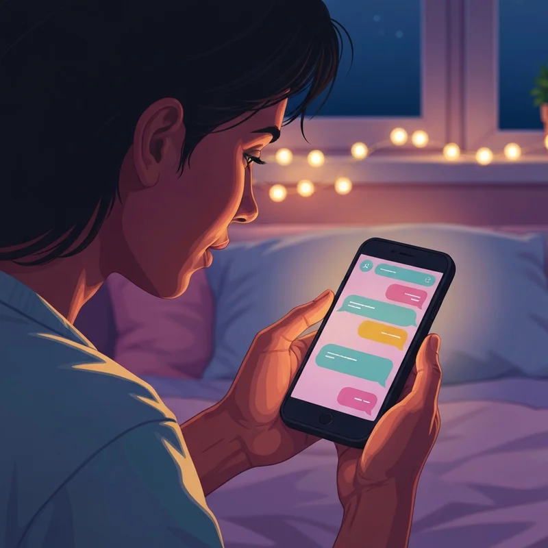 A young woman sitting in a cozy, dimly lit room, smiling warmly at her glowing smartphone screen which shows a flirty chat with a romantic ai boyfriend.