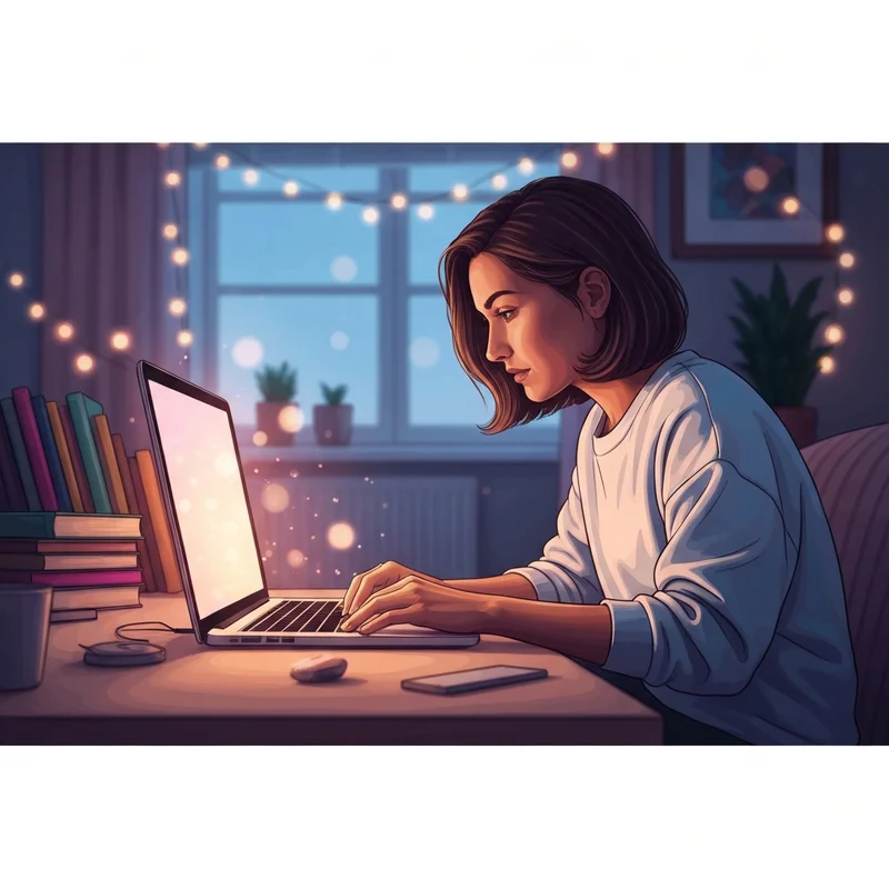 A young person sitting comfortably in a dimly lit room, glowing screen of a laptop illuminating their face as they engage in next day ai roleplay, soft cinematic atmosphere.