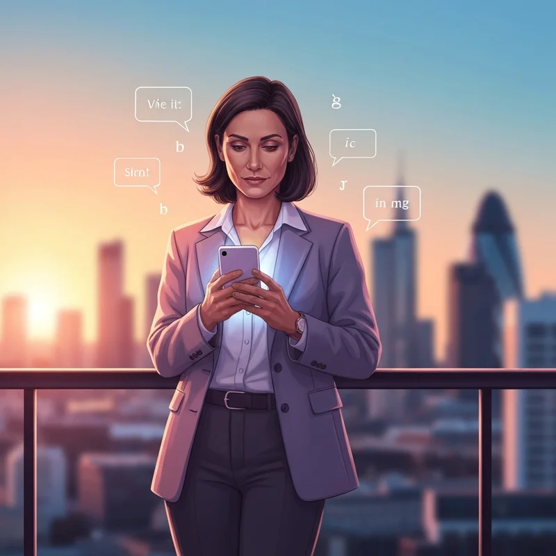 A young professional confidently using an english ai bot on their smartphone for speaking practice in a modern city setting.
