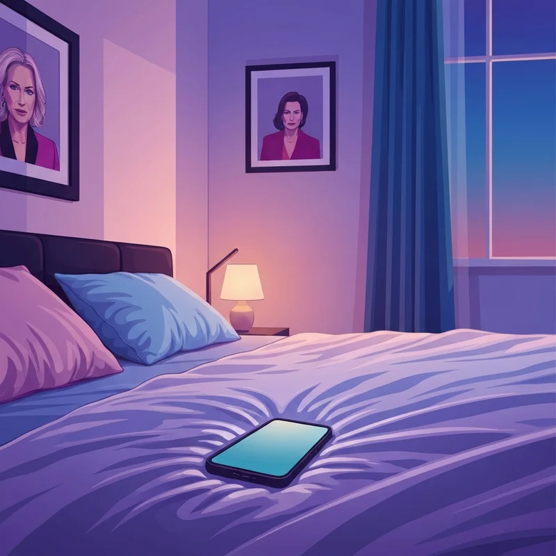 A woman using talk dirty ai on her phone in a cozy, private bedroom setting.