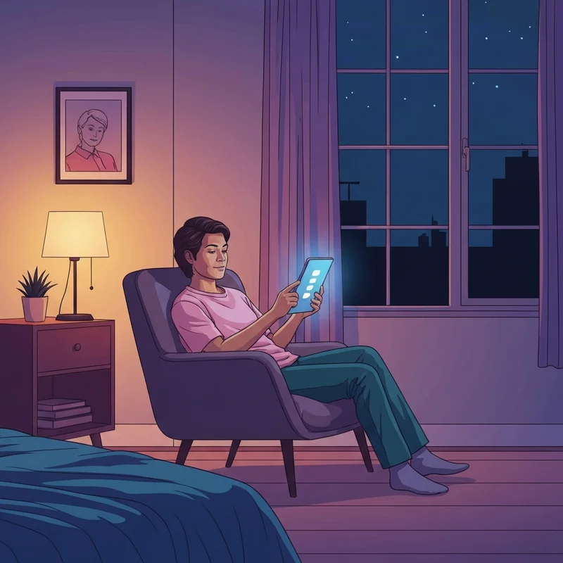 A young adult sitting comfortably in a dimly lit room, glowing screen reflecting a soft blue light on their face as they engage with an ai spicy platform.