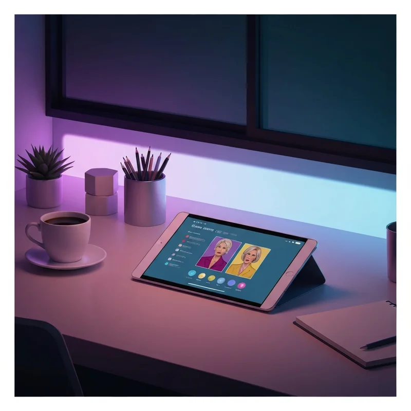 A creative workspace with a digital tablet showing a character creation screen for Spicy Chat AI, neon lighting, aesthetic desk setup.