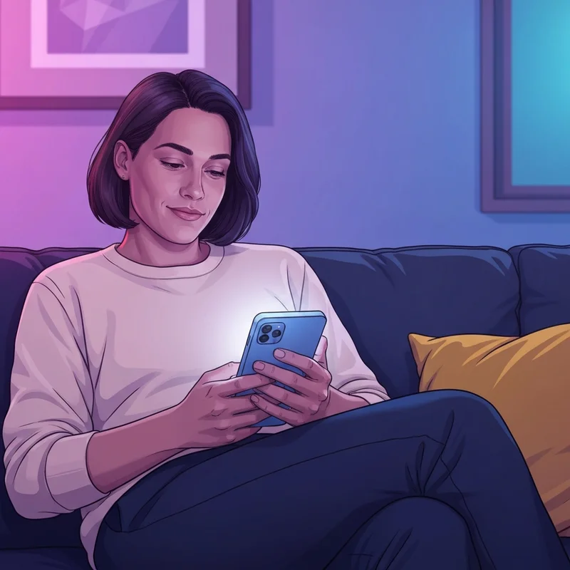 A young professional using a smartphone to speak with ai in a comfortable, modern living room setting.