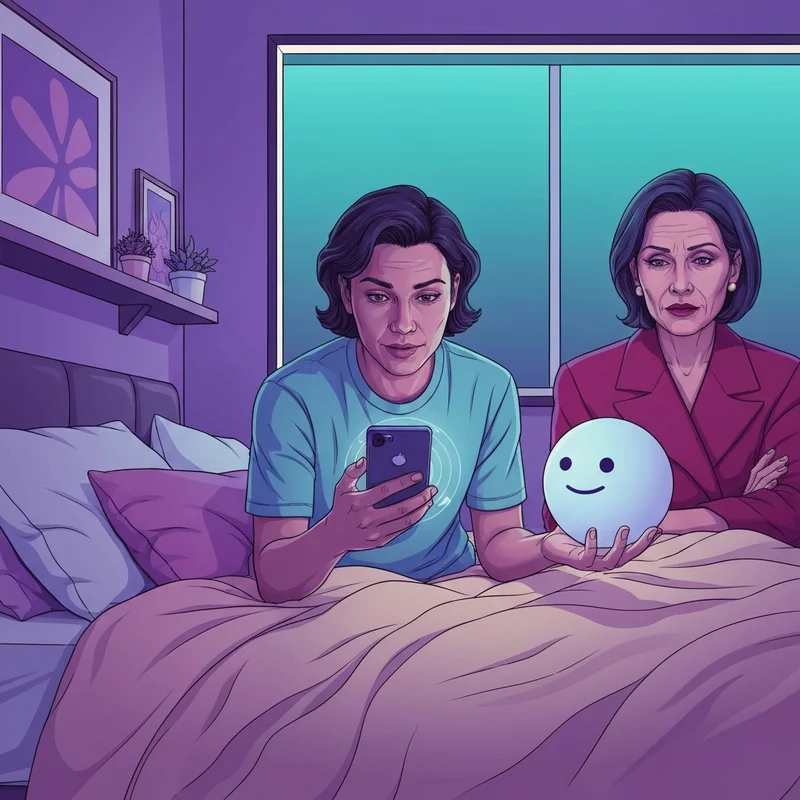 A young adult sitting on a bed in a moody, neon-lit room, using their smartphone to speak to a robot companion visualized as a soft glowing orb.