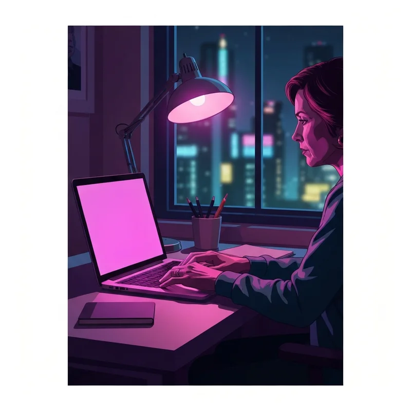 A cinematic view of a person's hands typing on a glowing laptop in a dim, modern apartment, representing the private and immersive world of ai chat spicy.