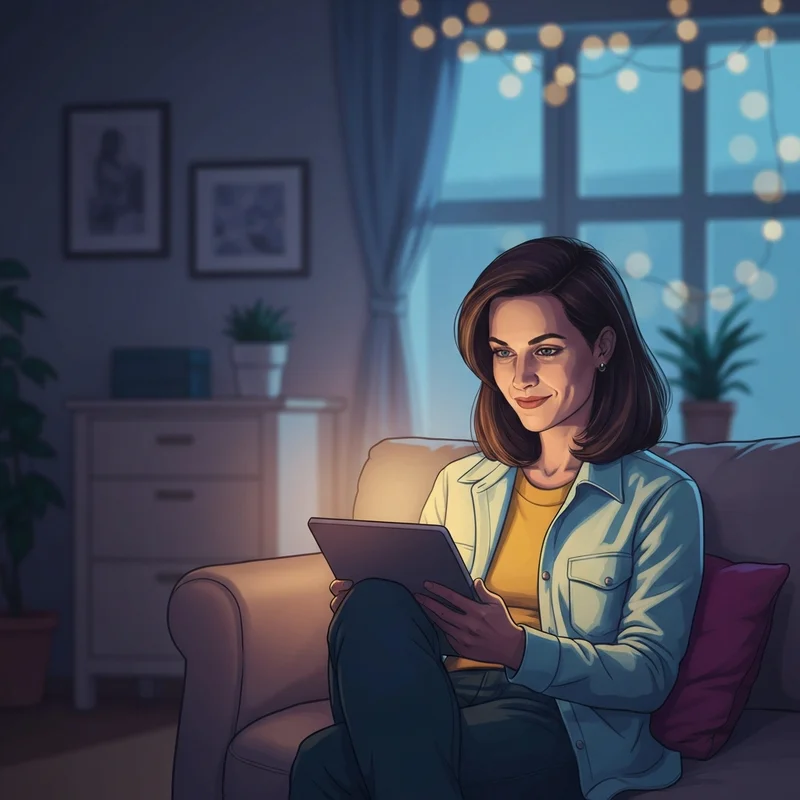 A person sitting comfortably in a dimly lit room, focusing on a glowing tablet screen with a soft, thoughtful expression, representing the private and creative world of smut chat.