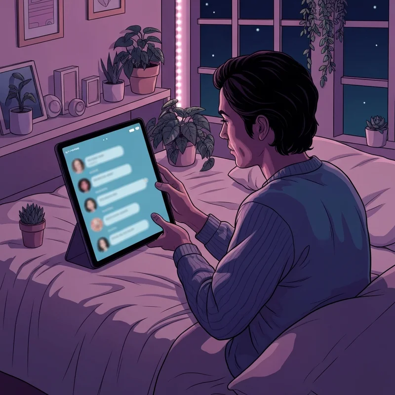 A young person sitting in a dimly lit, cozy room looking at a glowing laptop screen reflecting a world of fantasy and free spicy ai chat characters.