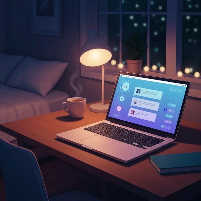 A peaceful digital workspace with a laptop showing a chat interface for chai ai online, surrounded by soft glowing lights and a cozy atmosphere.