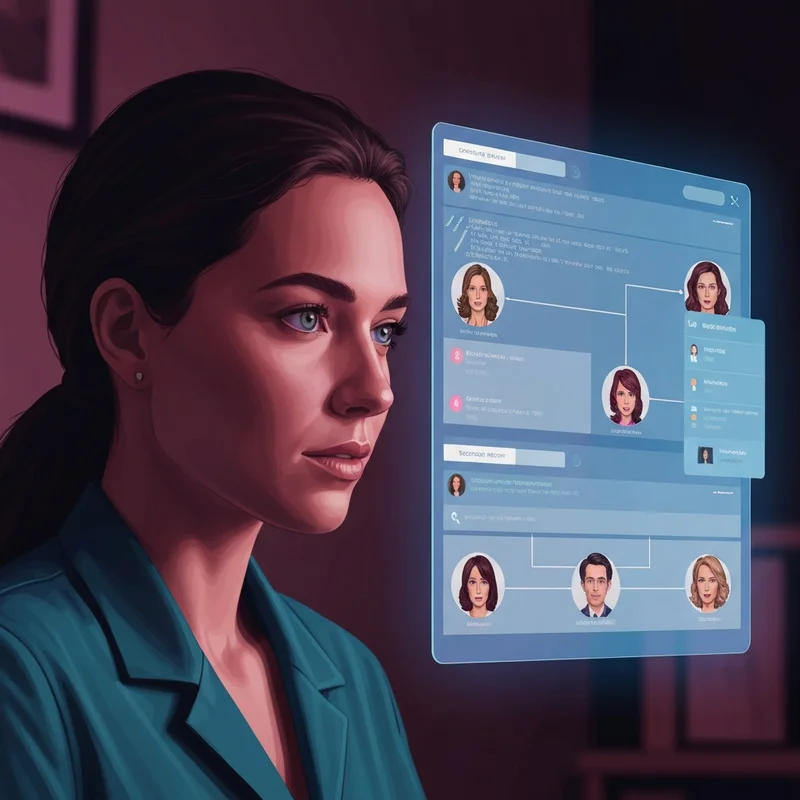 A young digital-native user looking at a neon-lit holographic interface showing complex character ai search results and hidden bot directories.